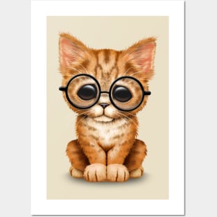 Cute Orange Tabby Kitten Wearing Eye Glasses Posters and Art